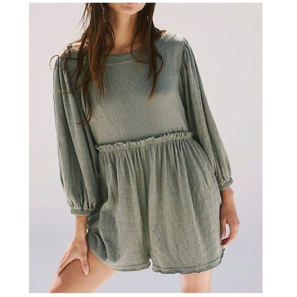 Free People Pants - Free People Beyond Obsessed Romper Blue Size Small Long Balloon Sleeve Boho